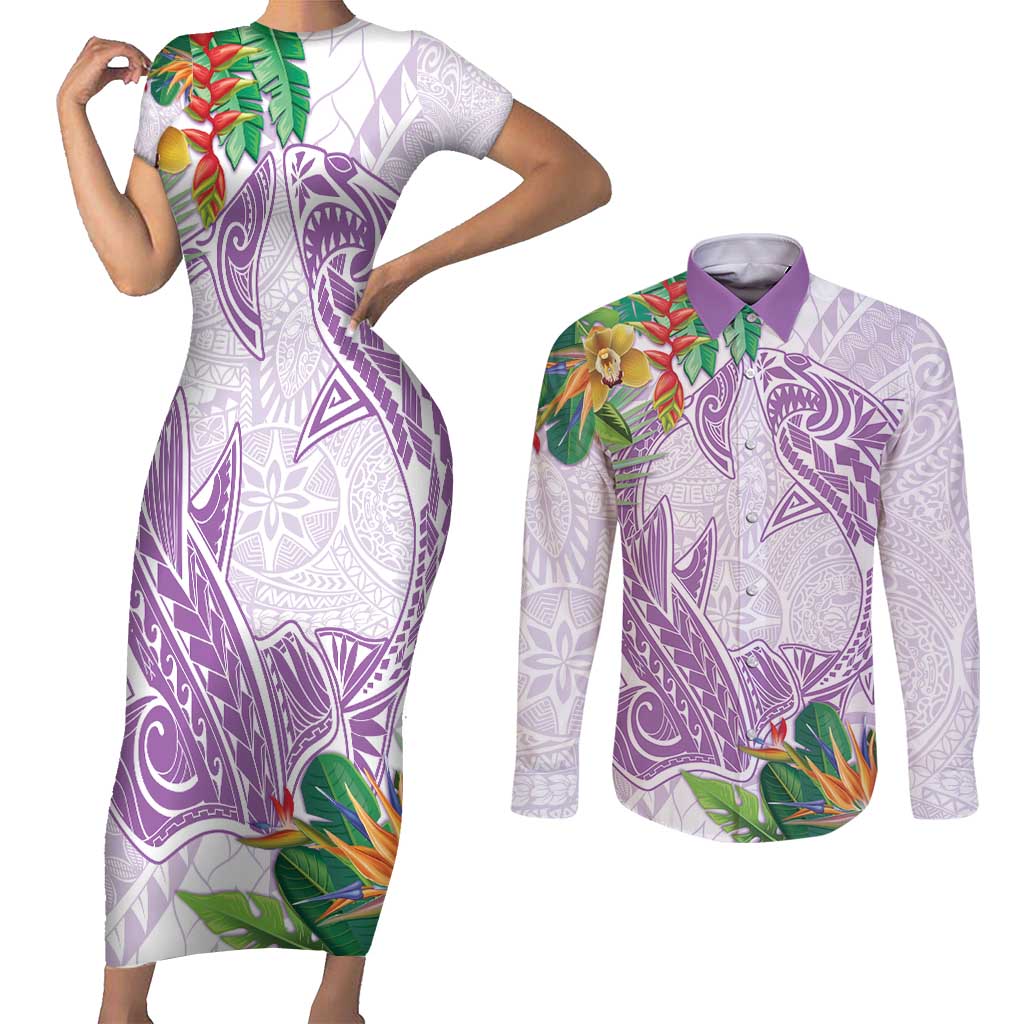 Polynesia Couples Matching Short Sleeve Bodycon Dress and Long Sleeve Button Shirt Sharks Duo Tropical Lavender LT7 Lavender - Polynesian Pride