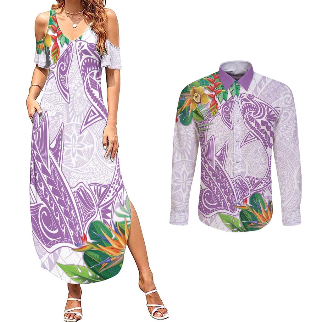 Polynesia Couples Matching Summer Maxi Dress and Long Sleeve Button Shirt Sharks Duo Tropical Lavender LT7 Lavender - Polynesian Pride
