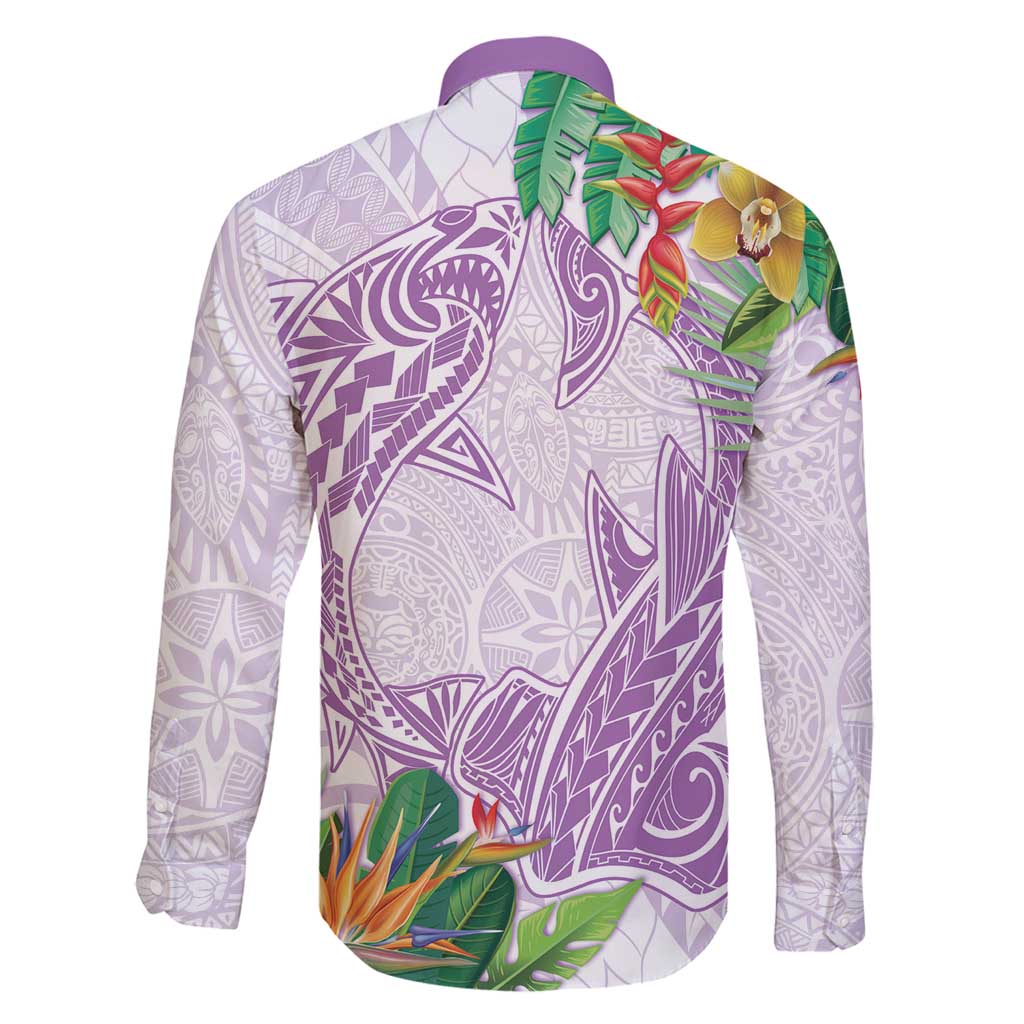Polynesia Family Matching Long Sleeve Bodycon Dress and Hawaiian Shirt Sharks Duo Tropical Lavender