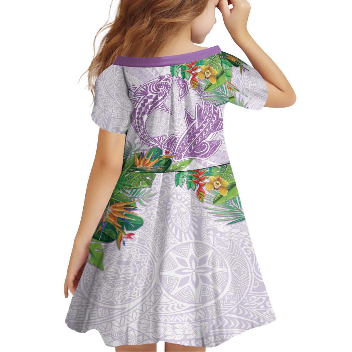 Polynesia Family Matching Off The Shoulder Long Sleeve Dress and Hawaiian Shirt Sharks Duo Tropical Lavender LT7 - Polynesian Pride