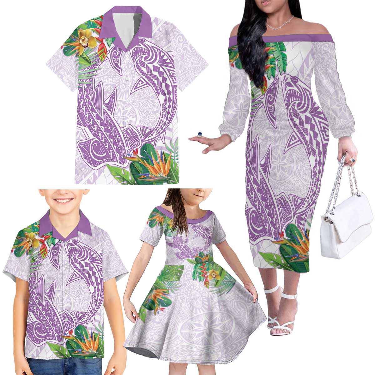 Polynesia Family Matching Off The Shoulder Long Sleeve Dress and Hawaiian Shirt Sharks Duo Tropical Lavender LT7 - Polynesian Pride