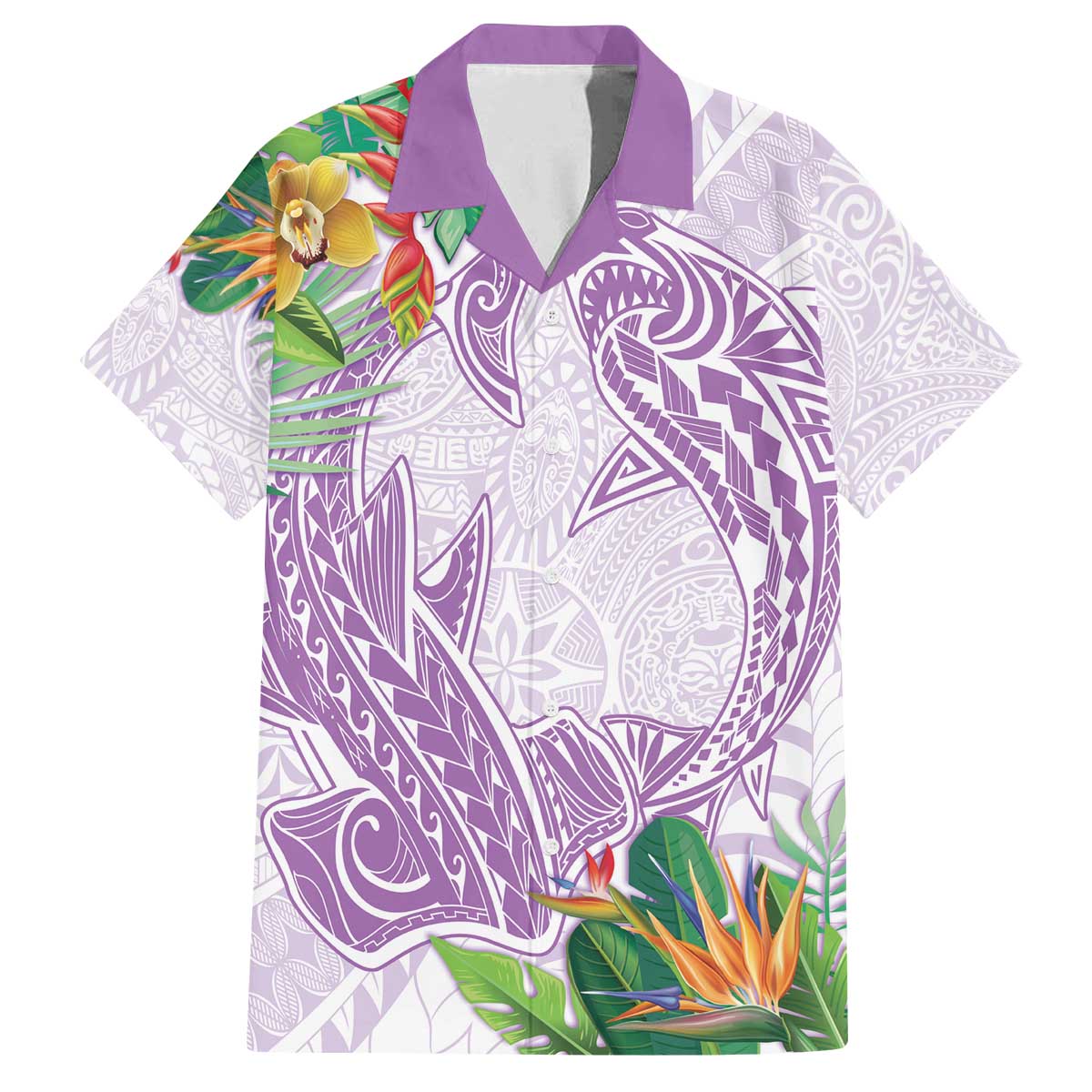 Polynesia Family Matching Off The Shoulder Long Sleeve Dress and Hawaiian Shirt Sharks Duo Tropical Lavender LT7 Dad's Shirt - Short Sleeve Lavender - Polynesian Pride