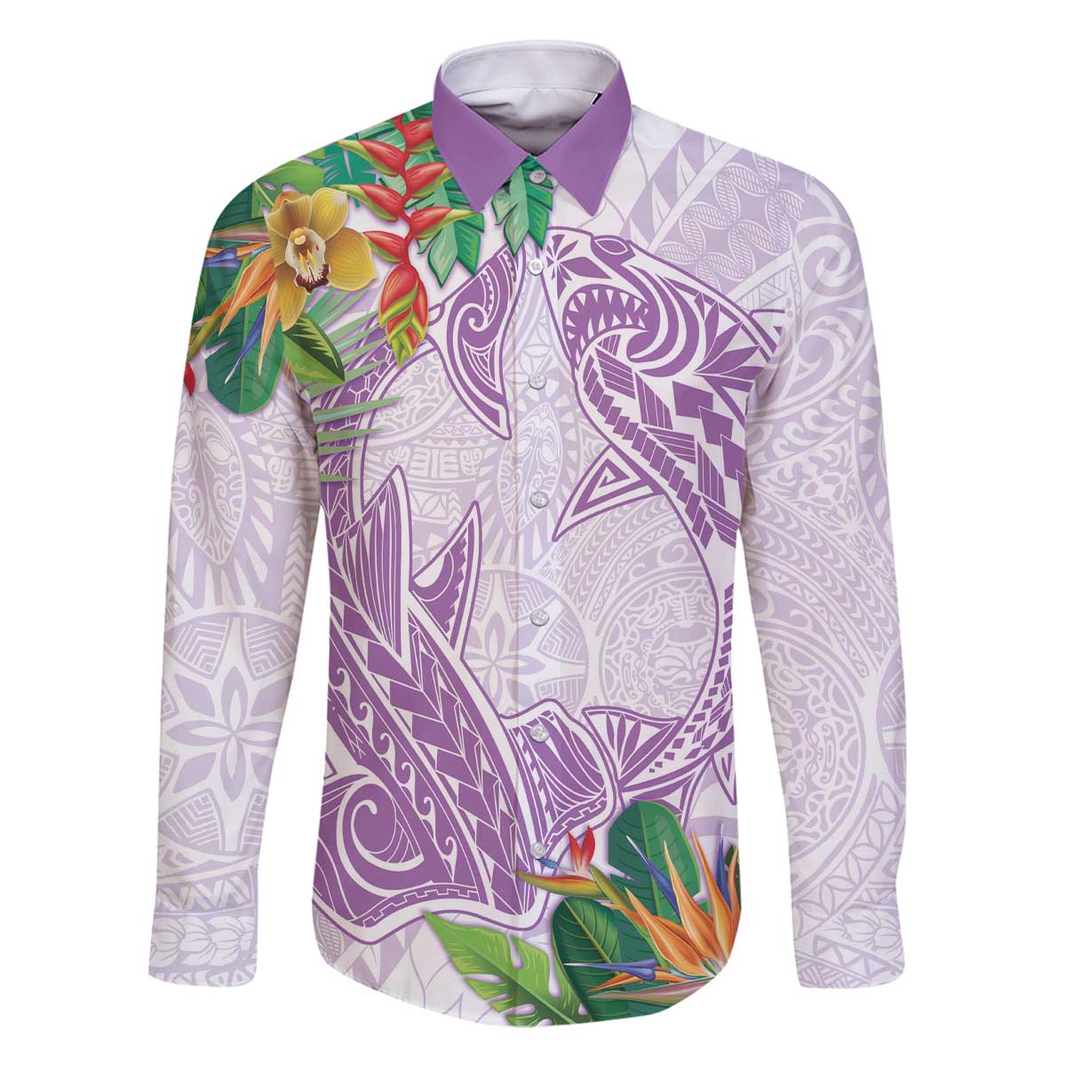 Polynesia Family Matching Off The Shoulder Long Sleeve Dress and Hawaiian Shirt Sharks Duo Tropical Lavender LT7 Dad's Shirt - Long Sleeve Lavender - Polynesian Pride