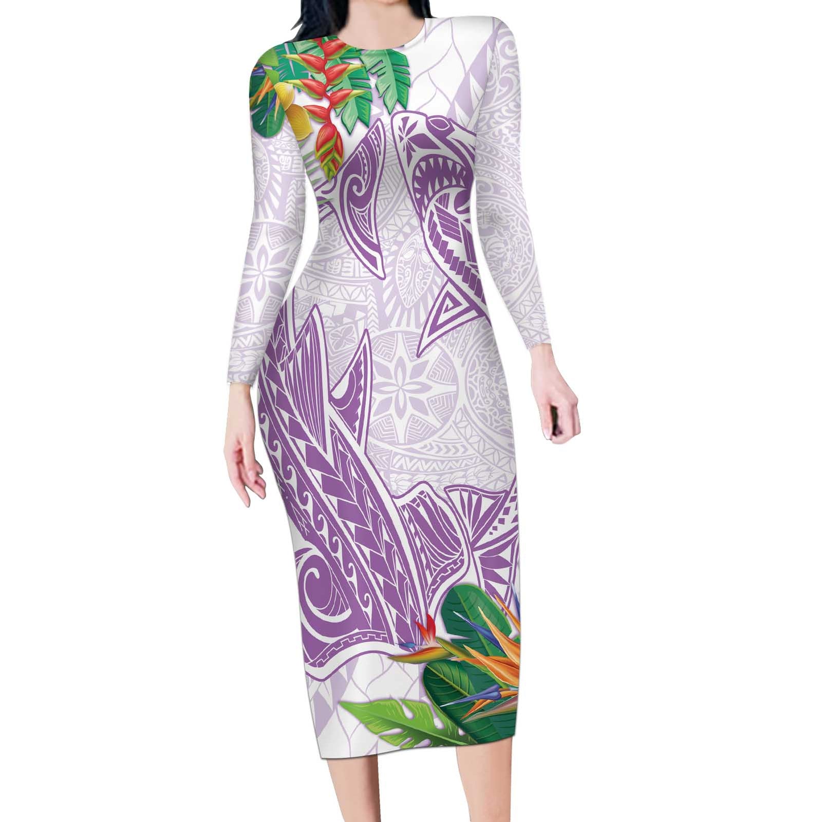 Polynesia Long Sleeve Bodycon Dress Sharks Duo Tropical Lavender LT7 Long Dress Lavender - Polynesian Pride