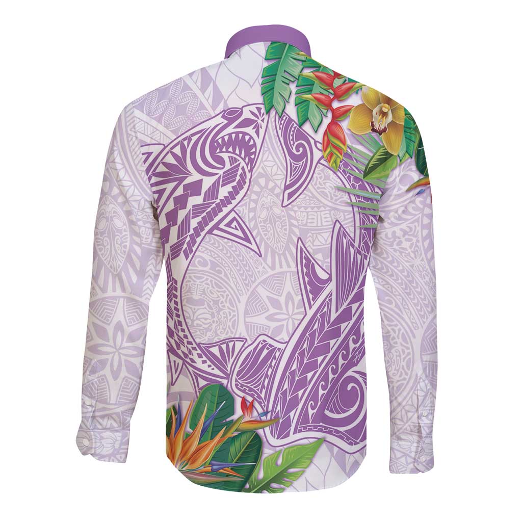 Polynesia Long Sleeve Button Shirt Sharks Duo Tropical Lavender LT7 - Polynesian Pride