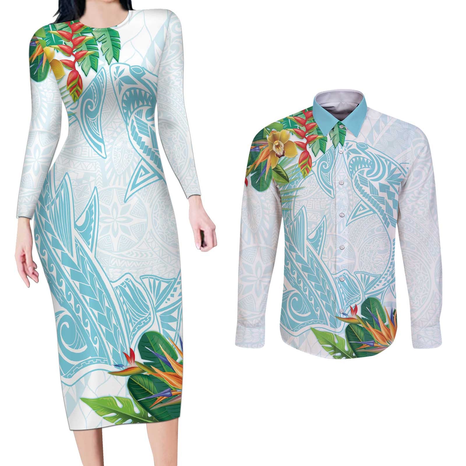 Polynesia Couples Matching Long Sleeve Bodycon Dress and Long Sleeve Button Shirt Sharks Duo Tropical Turquoise LT7 Turquoise - Polynesian Pride