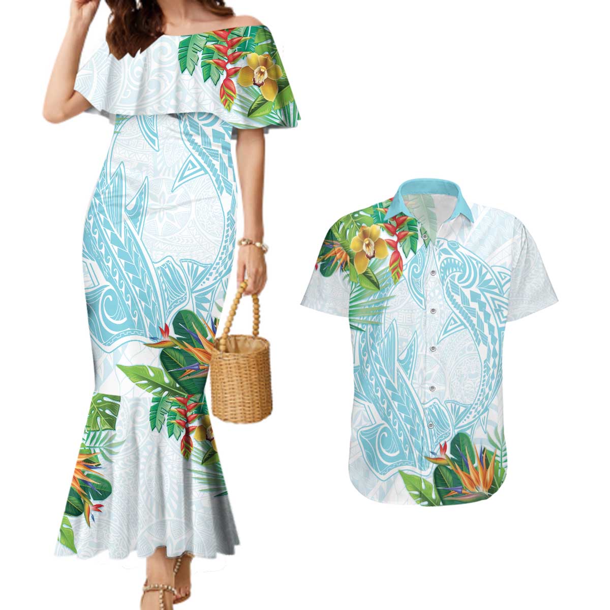 Polynesia Couples Matching Mermaid Dress and Hawaiian Shirt Sharks Duo Tropical Turquoise LT7 Turquoise - Polynesian Pride