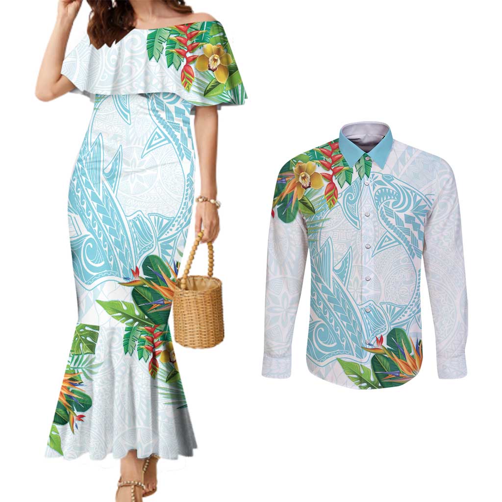 Polynesia Couples Matching Mermaid Dress and Long Sleeve Button Shirt Sharks Duo Tropical Turquoise LT7 Turquoise - Polynesian Pride