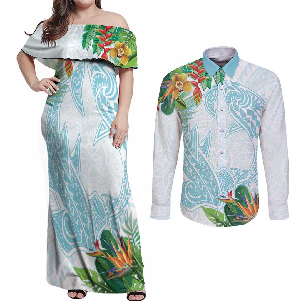 Polynesia Couples Matching Off Shoulder Maxi Dress and Long Sleeve Button Shirt Sharks Duo Tropical Turquoise LT7 Turquoise - Polynesian Pride