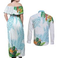 Polynesia Couples Matching Off Shoulder Maxi Dress and Long Sleeve Button Shirt Sharks Duo Tropical Turquoise