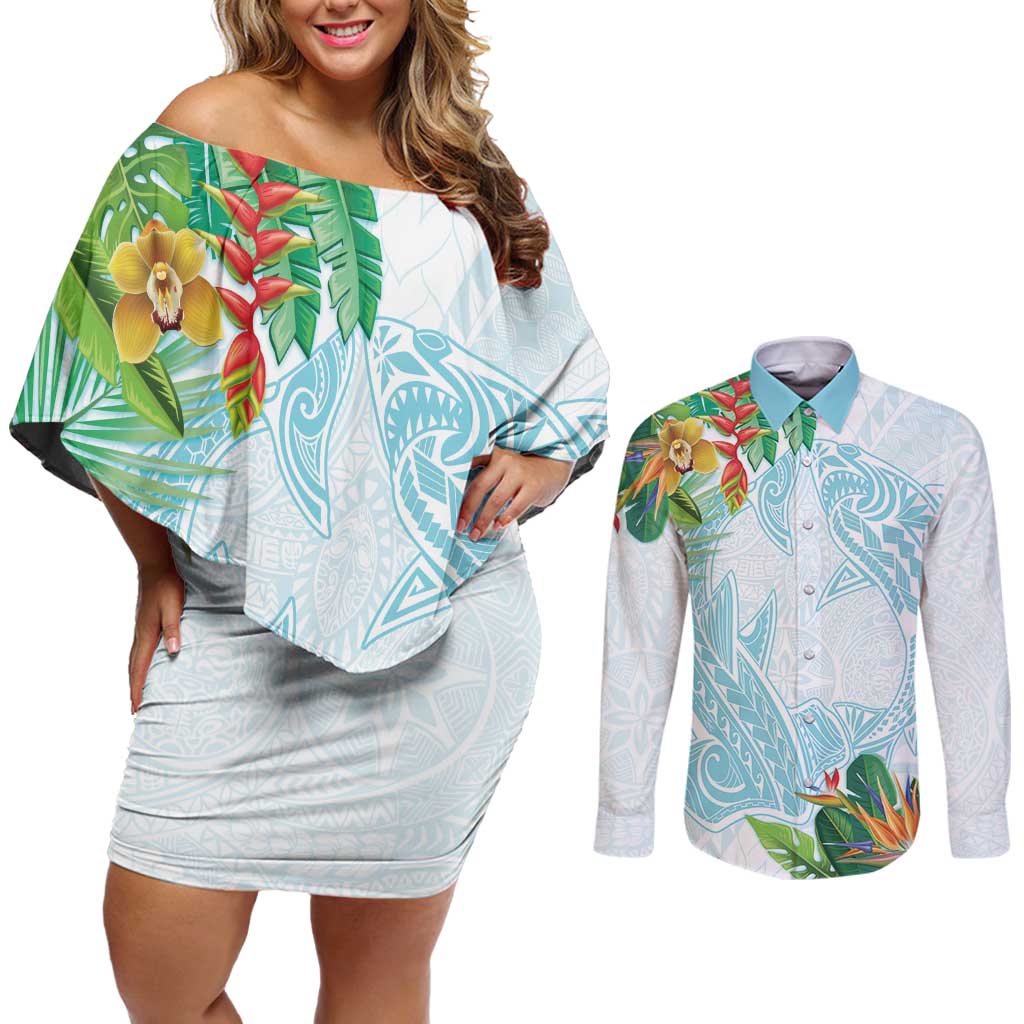 Polynesia Couples Matching Off Shoulder Short Dress and Long Sleeve Button Shirt Sharks Duo Tropical Turquoise LT7 Turquoise - Polynesian Pride
