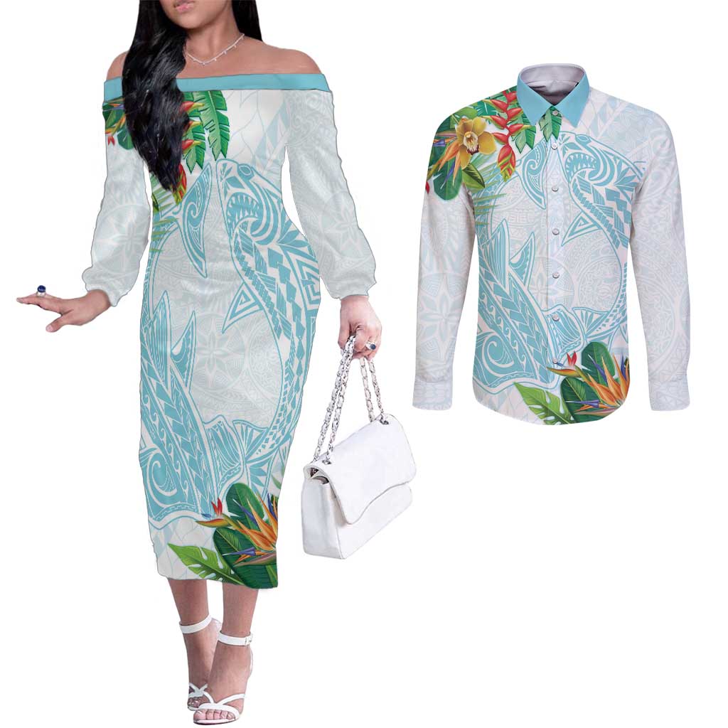 Polynesia Couples Matching Off The Shoulder Long Sleeve Dress and Long Sleeve Button Shirt Sharks Duo Tropical Turquoise LT7 Turquoise - Polynesian Pride
