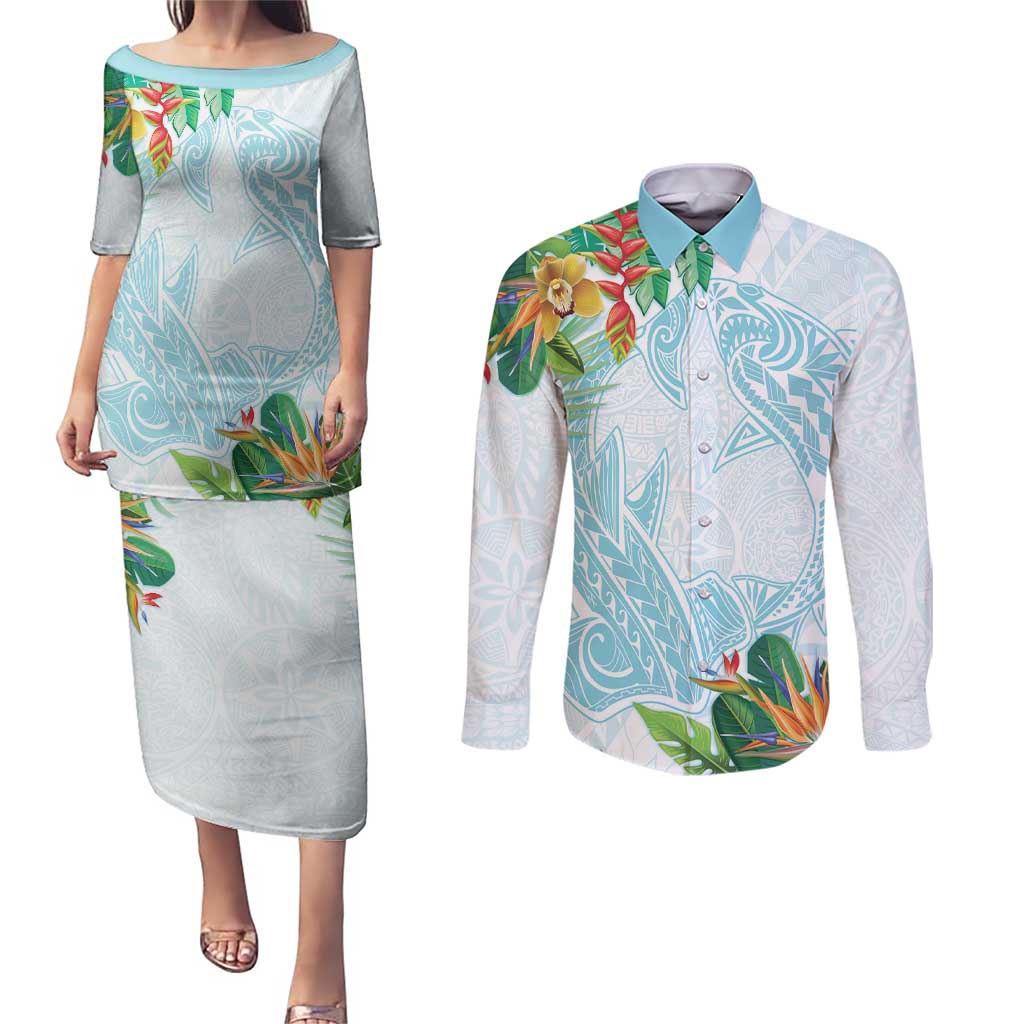 Polynesia Couples Matching Puletasi and Long Sleeve Button Shirt Sharks Duo Tropical Turquoise