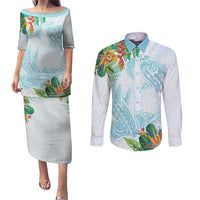 Polynesia Couples Matching Puletasi and Long Sleeve Button Shirt Sharks Duo Tropical Turquoise