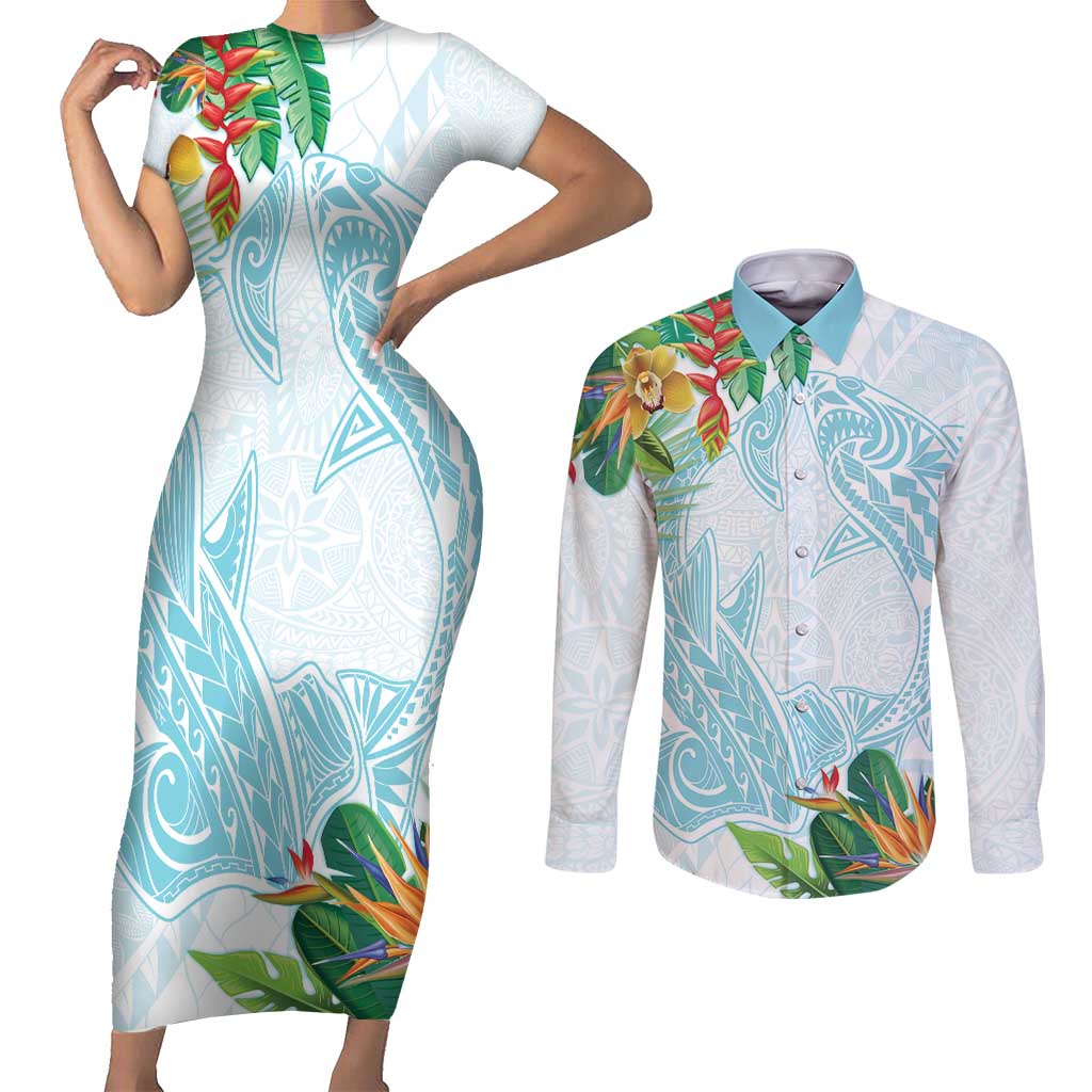Polynesia Couples Matching Short Sleeve Bodycon Dress and Long Sleeve Button Shirt Sharks Duo Tropical Turquoise LT7 Turquoise - Polynesian Pride