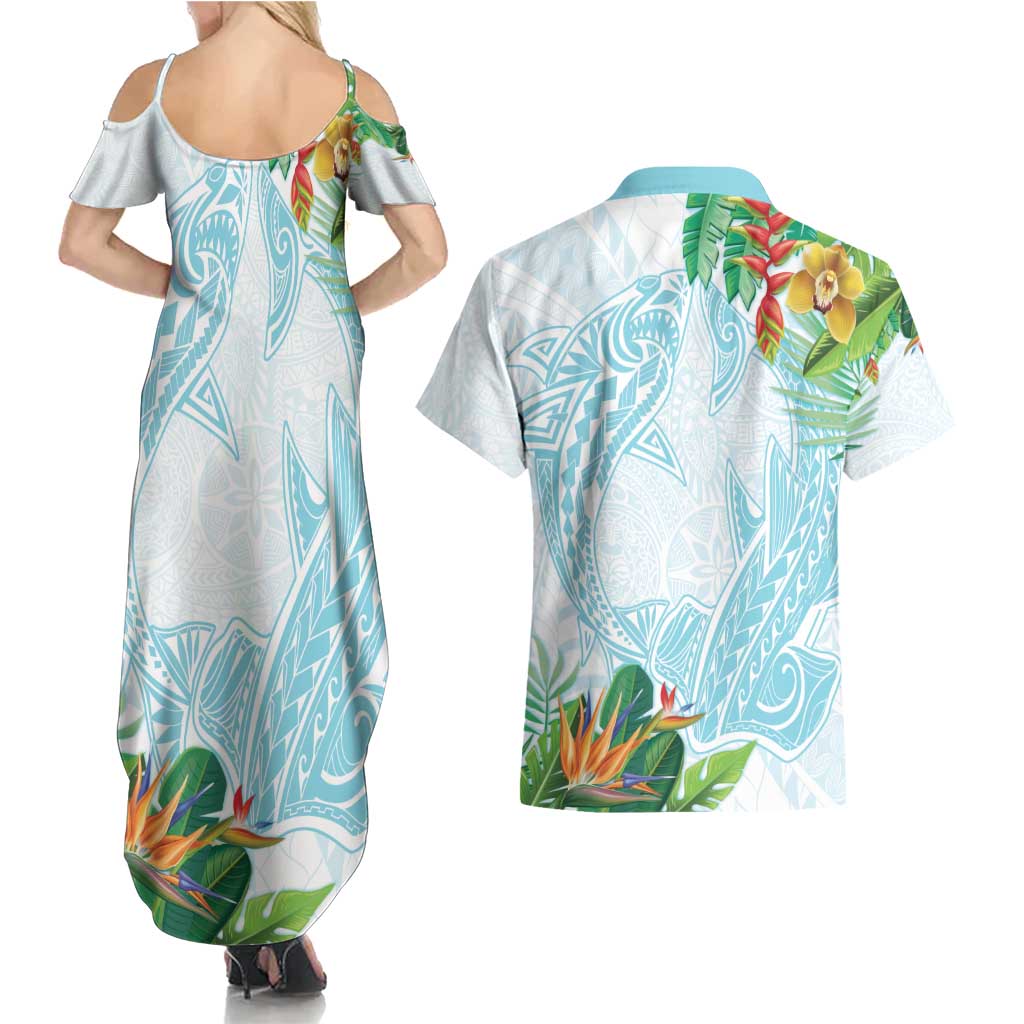 Polynesia Couples Matching Summer Maxi Dress and Hawaiian Shirt Sharks Duo Tropical Turquoise
