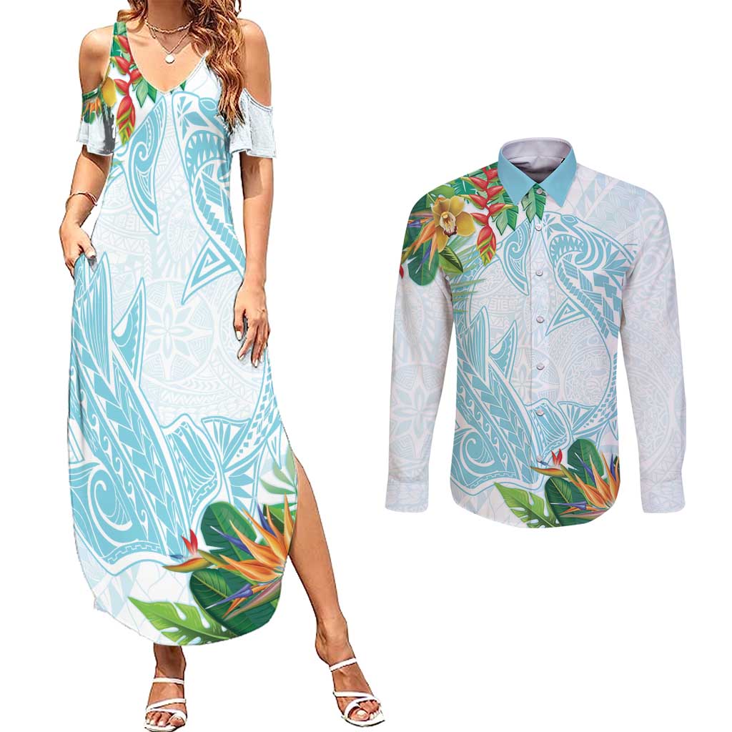 Polynesia Couples Matching Summer Maxi Dress and Long Sleeve Button Shirt Sharks Duo Tropical Turquoise LT7 Turquoise - Polynesian Pride