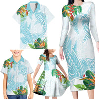 Polynesia Family Matching Long Sleeve Bodycon Dress and Hawaiian Shirt Sharks Duo Tropical Turquoise