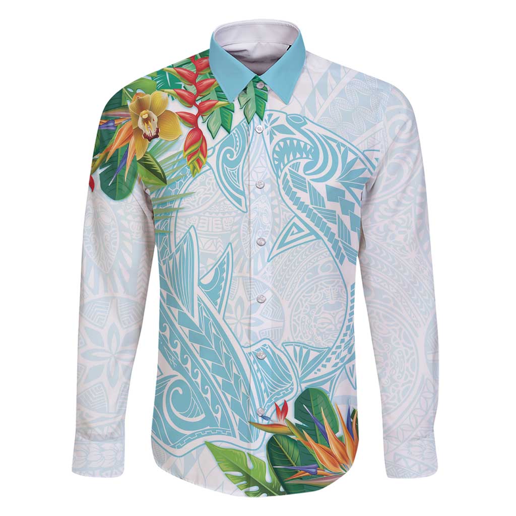Polynesia Family Matching Long Sleeve Bodycon Dress and Hawaiian Shirt Sharks Duo Tropical Turquoise