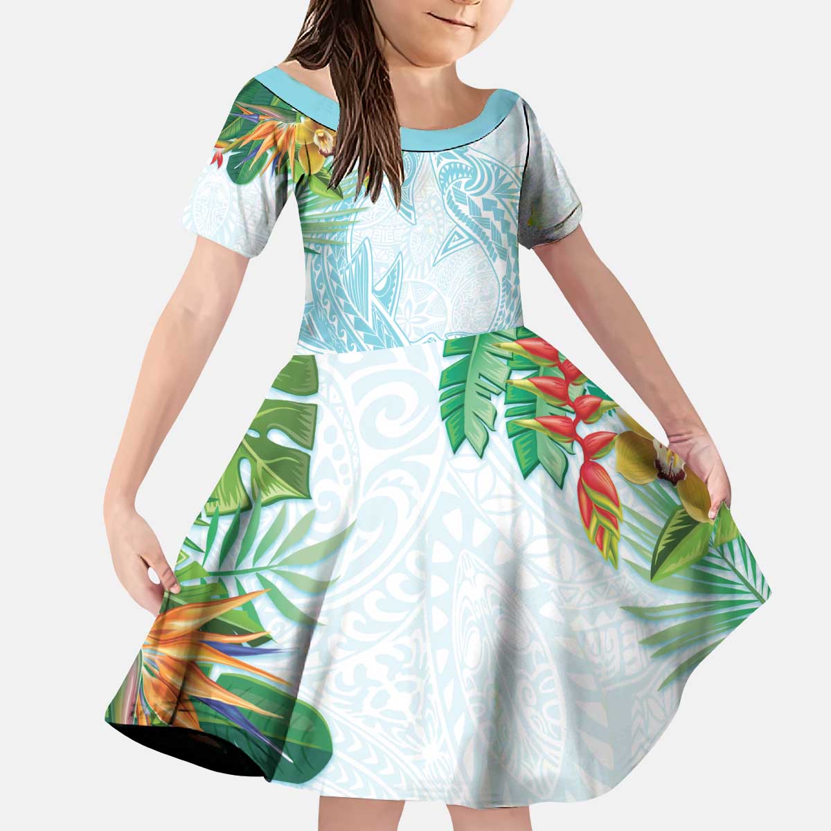 Polynesia Kid Short Sleeve Dress Sharks Duo Tropical Turquoise