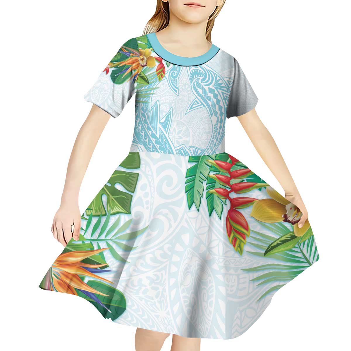 Polynesia Kid Short Sleeve Dress Sharks Duo Tropical Turquoise