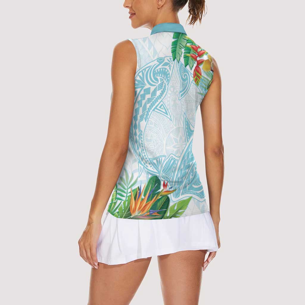 Polynesia Women Sleeveless Polo Shirt Sharks Duo Tropical Turquoise