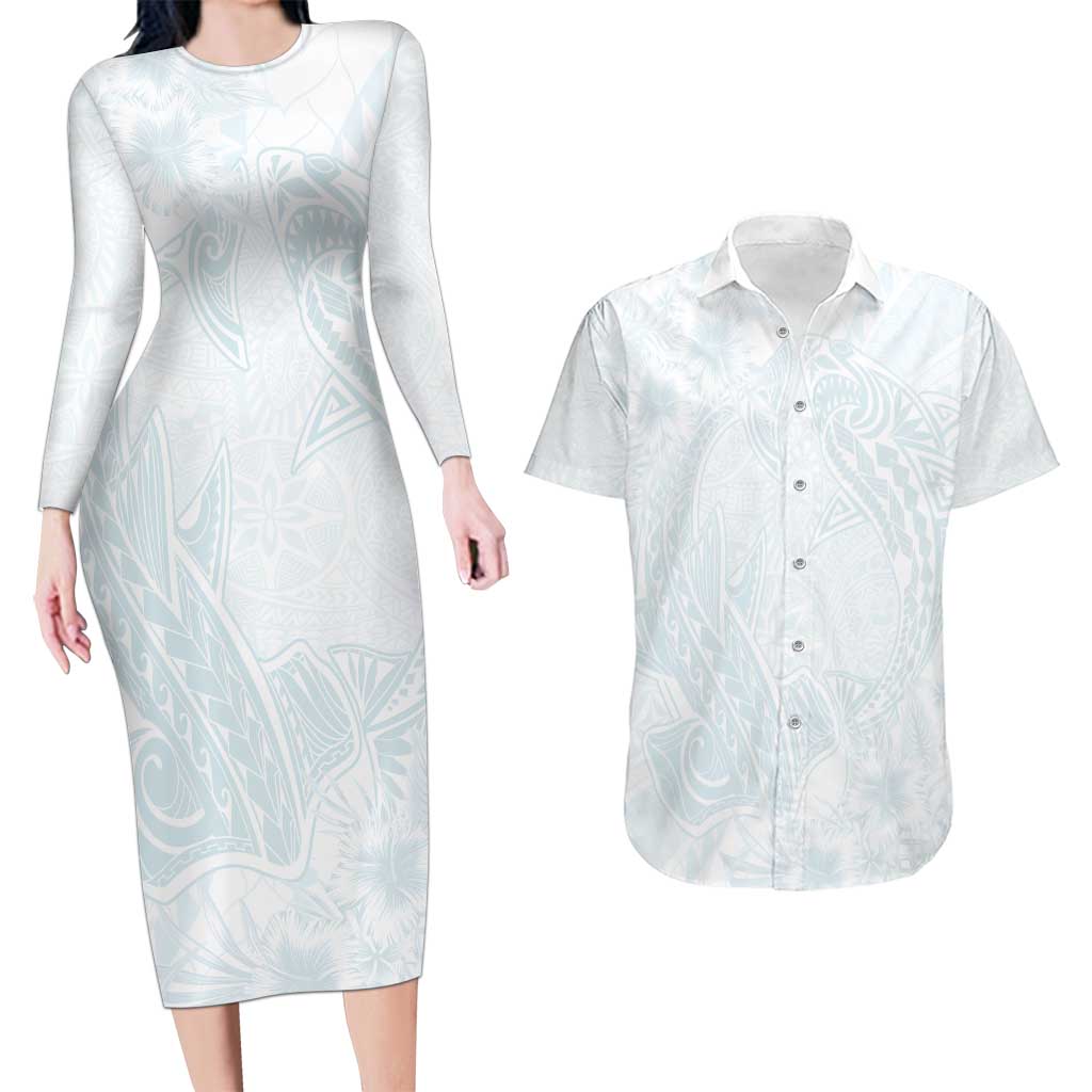 Polynesia Couples Matching Long Sleeve Bodycon Dress and Hawaiian Shirt Sharks Duo Tropical Off White LT7 White - Polynesian Pride