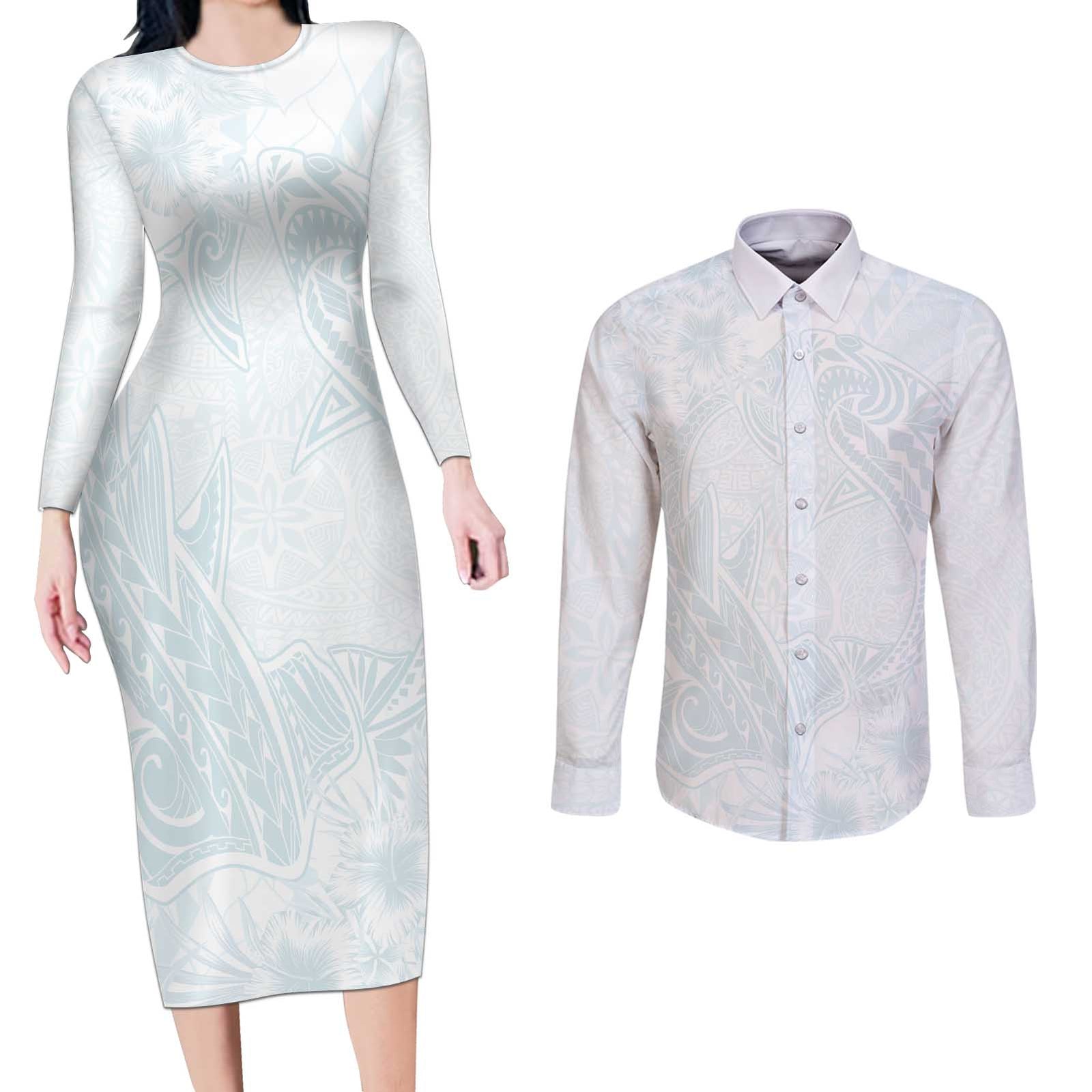 Polynesia Couples Matching Long Sleeve Bodycon Dress and Long Sleeve Button Shirt Sharks Duo Tropical Off White LT7 White - Polynesian Pride
