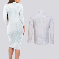 Polynesia Couples Matching Long Sleeve Bodycon Dress and Long Sleeve Button Shirt Sharks Duo Tropical Off White