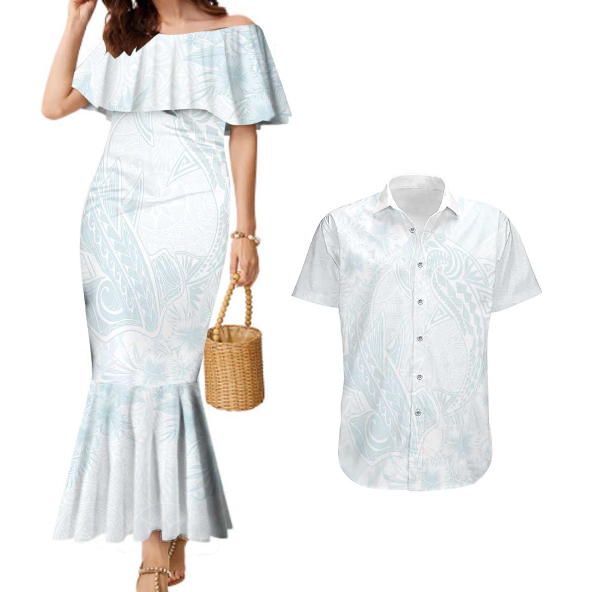 Polynesia Couples Matching Mermaid Dress and Hawaiian Shirt Sharks Duo Tropical Off White LT7 White - Polynesian Pride