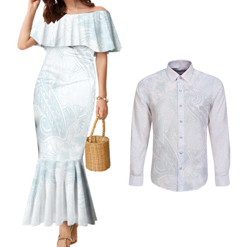 Polynesia Couples Matching Mermaid Dress and Long Sleeve Button Shirt Sharks Duo Tropical Off White LT7 White - Polynesian Pride