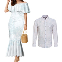 Polynesia Couples Matching Mermaid Dress and Long Sleeve Button Shirt Sharks Duo Tropical Off White