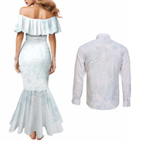 Polynesia Couples Matching Mermaid Dress and Long Sleeve Button Shirt Sharks Duo Tropical Off White