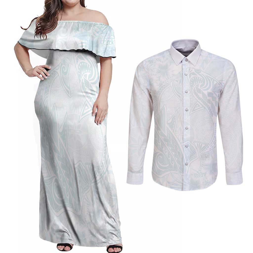 Polynesia Couples Matching Off Shoulder Maxi Dress and Long Sleeve Button Shirt Sharks Duo Tropical Off White LT7 White - Polynesian Pride