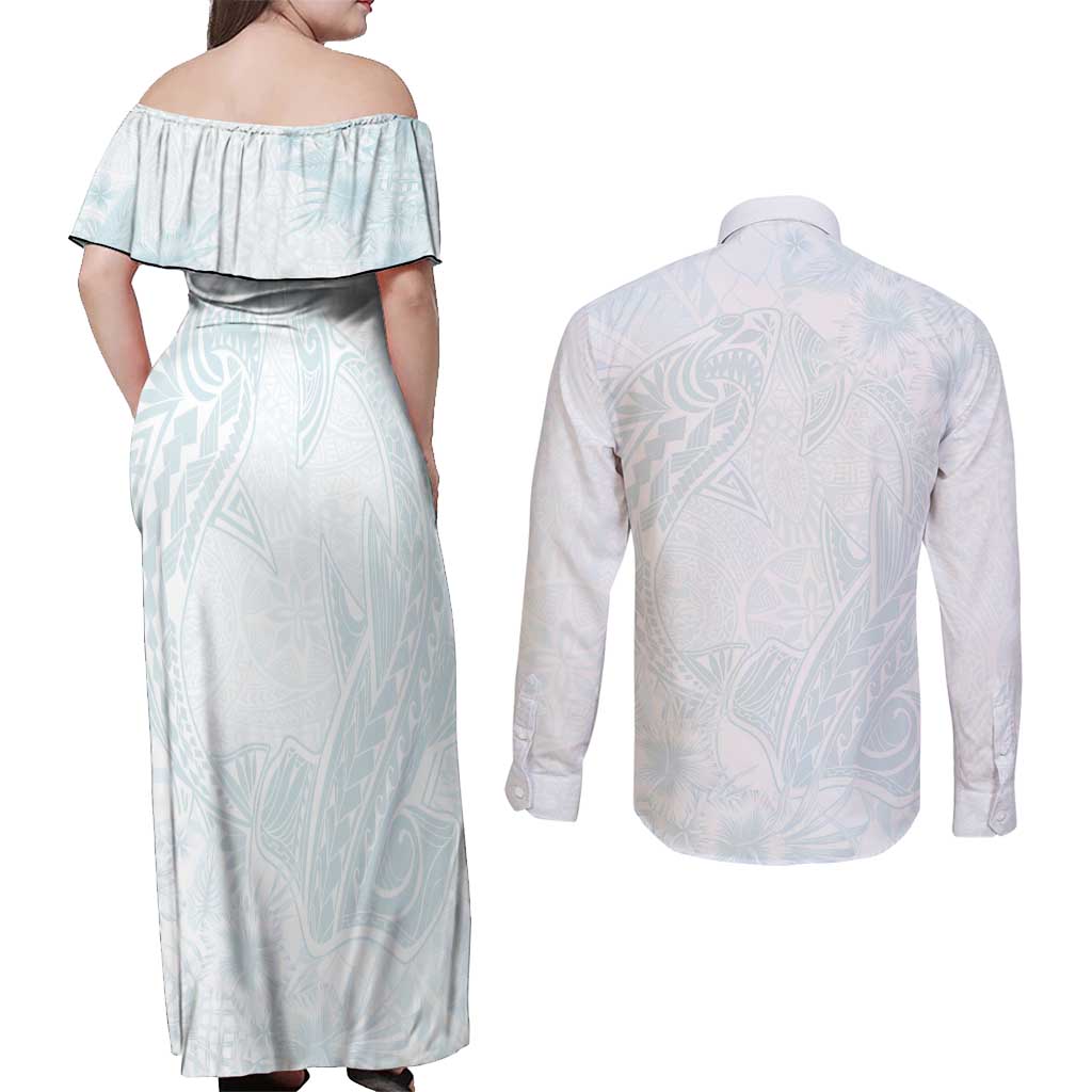 Polynesia Couples Matching Off Shoulder Maxi Dress and Long Sleeve Button Shirt Sharks Duo Tropical Off White