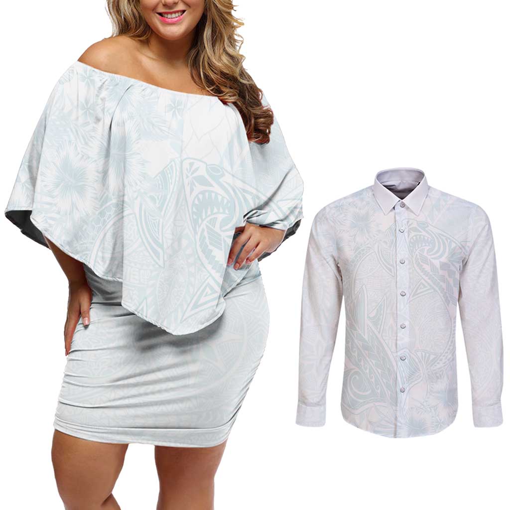 Polynesia Couples Matching Off Shoulder Short Dress and Long Sleeve Button Shirt Sharks Duo Tropical Off White LT7 White - Polynesian Pride