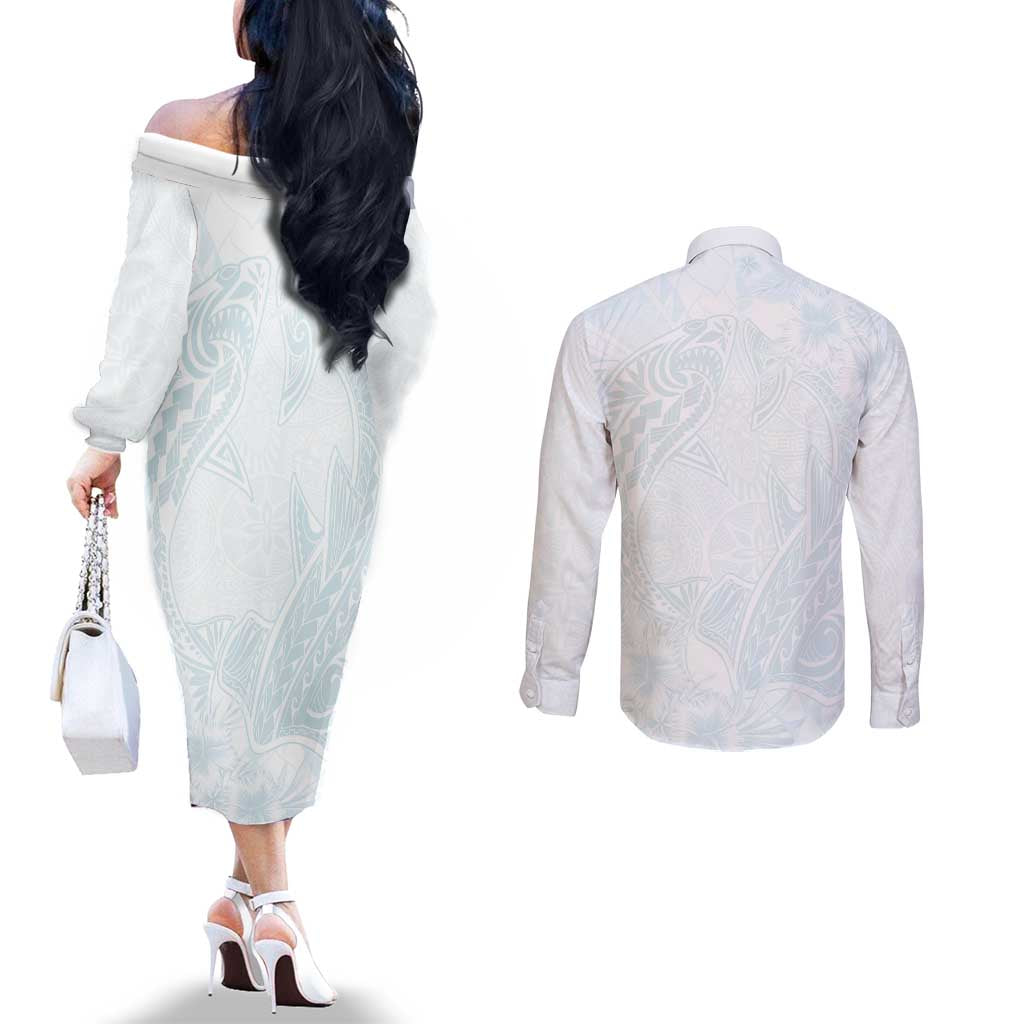 Polynesia Couples Matching Off The Shoulder Long Sleeve Dress and Long Sleeve Button Shirt Sharks Duo Tropical Off White