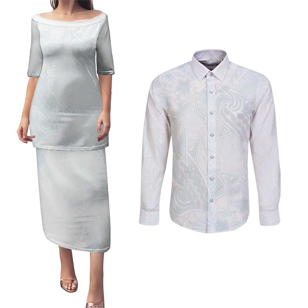 Polynesia Couples Matching Puletasi and Long Sleeve Button Shirt Sharks Duo Tropical Off White LT7 White - Polynesian Pride