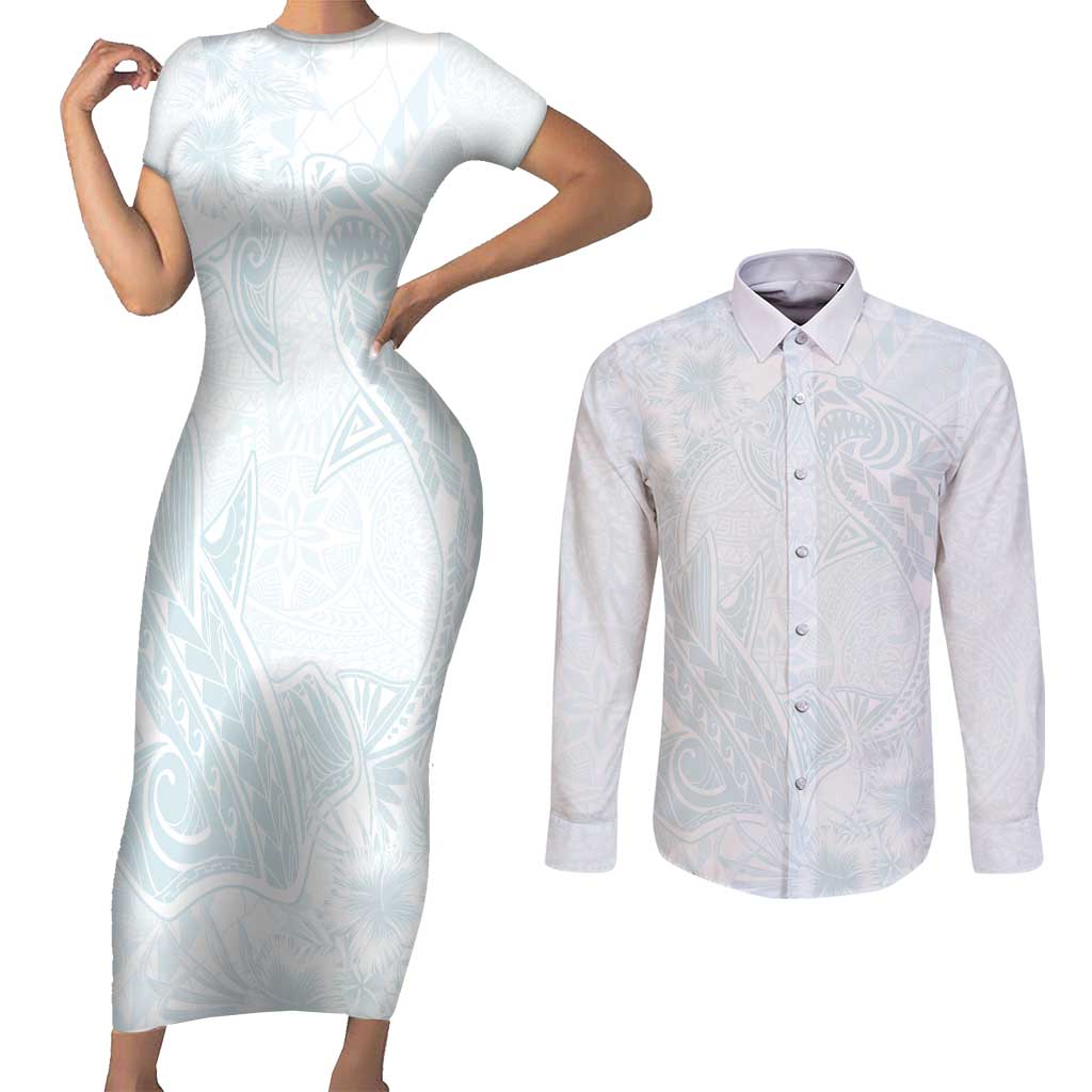 Polynesia Couples Matching Short Sleeve Bodycon Dress and Long Sleeve Button Shirt Sharks Duo Tropical Off White LT7 White - Polynesian Pride