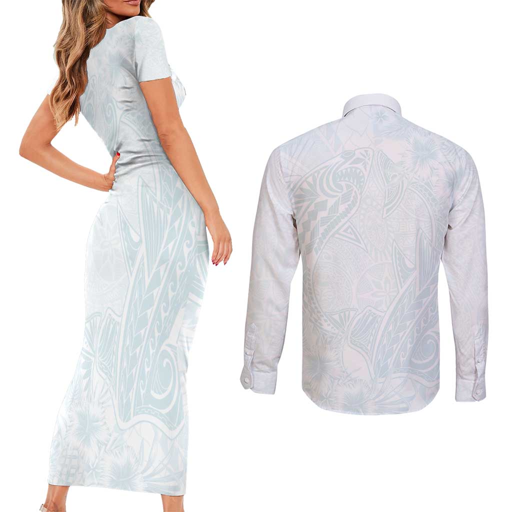 Polynesia Couples Matching Short Sleeve Bodycon Dress and Long Sleeve Button Shirt Sharks Duo Tropical Off White