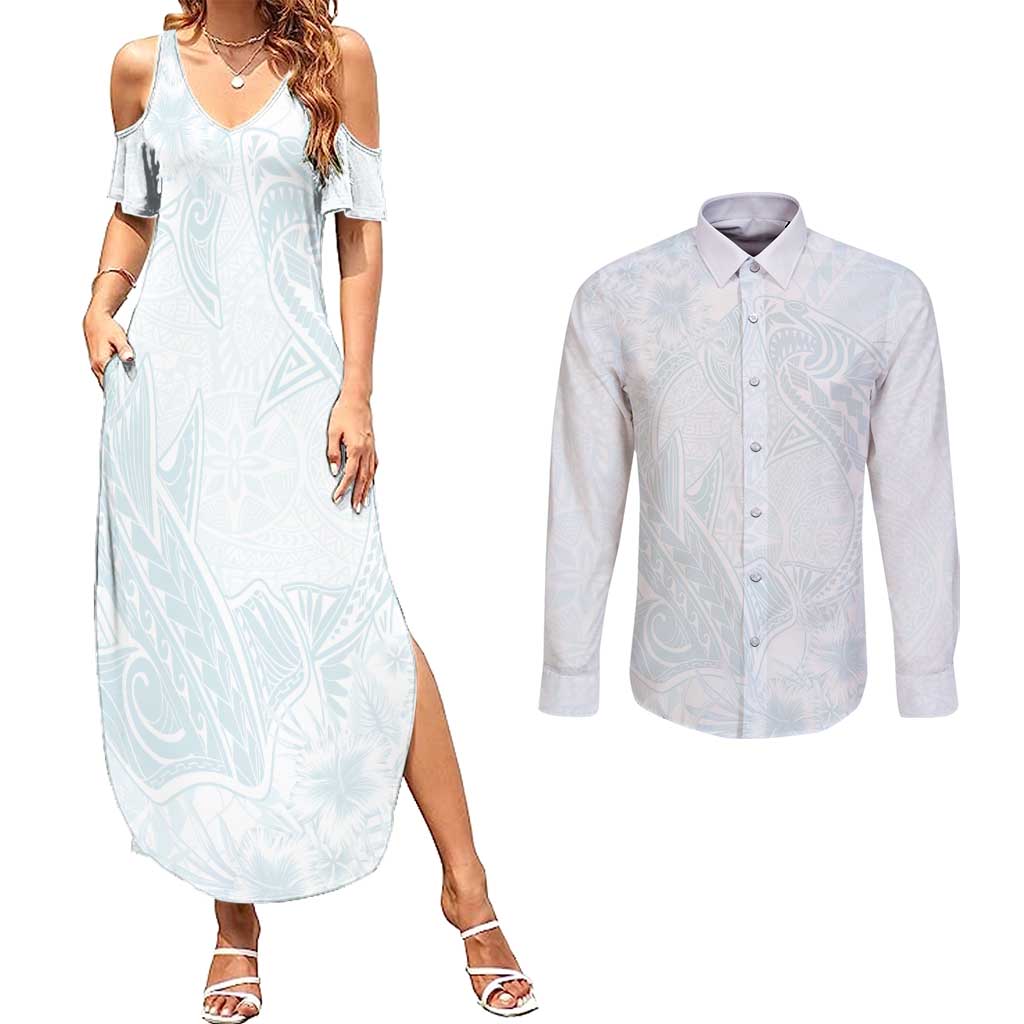 Polynesia Couples Matching Summer Maxi Dress and Long Sleeve Button Shirt Sharks Duo Tropical Off White LT7 White - Polynesian Pride