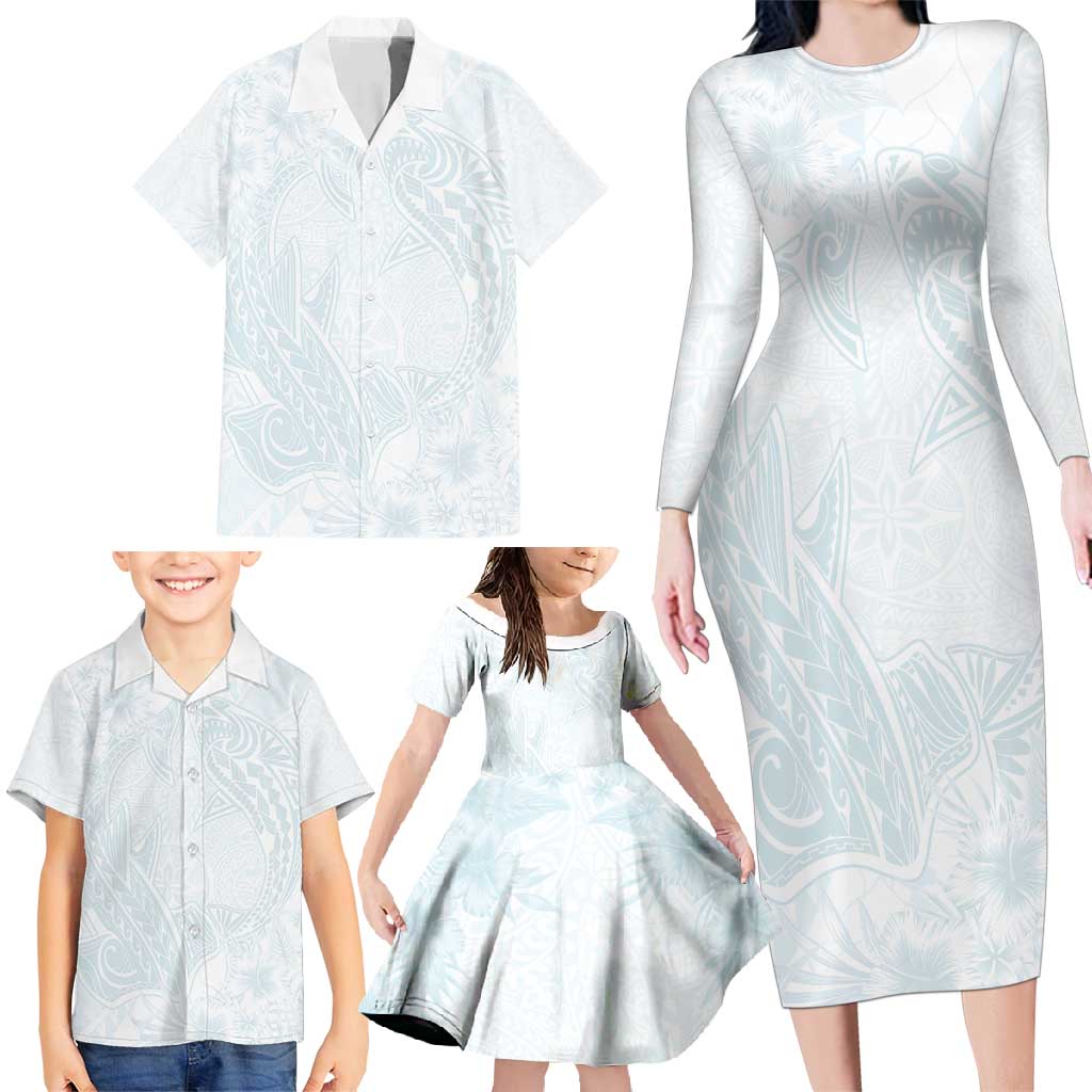 Polynesia Family Matching Long Sleeve Bodycon Dress and Hawaiian Shirt Sharks Duo Tropical Off White LT7 - Polynesian Pride