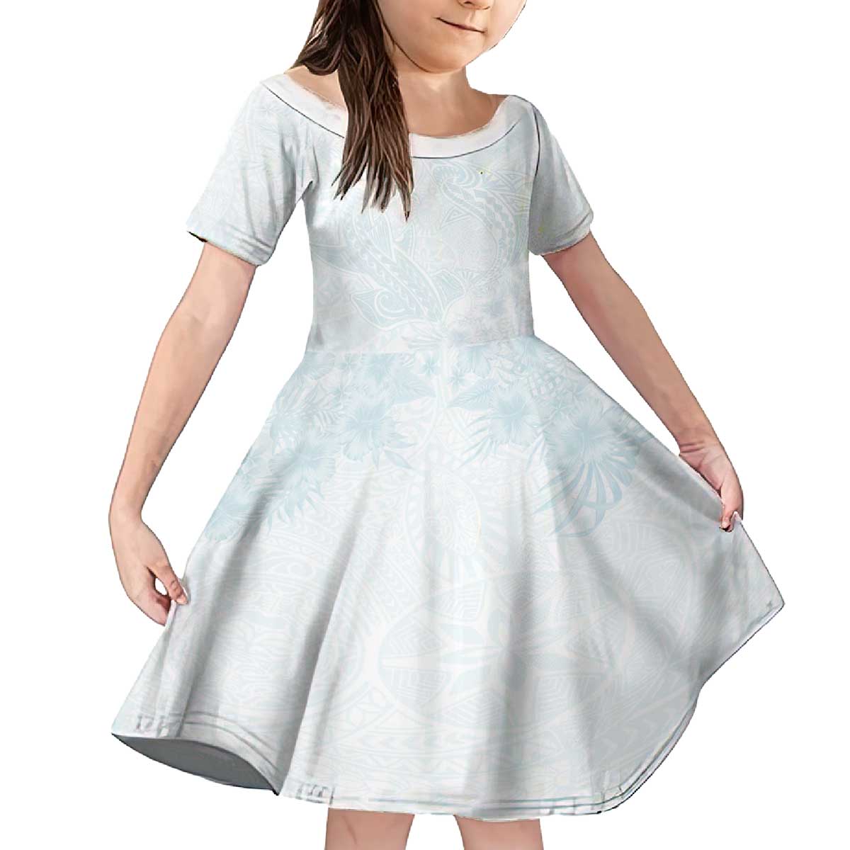 Polynesia Family Matching Off The Shoulder Long Sleeve Dress and Hawaiian Shirt Sharks Duo Tropical Off White LT7 Daughter's Dress White - Polynesian Pride