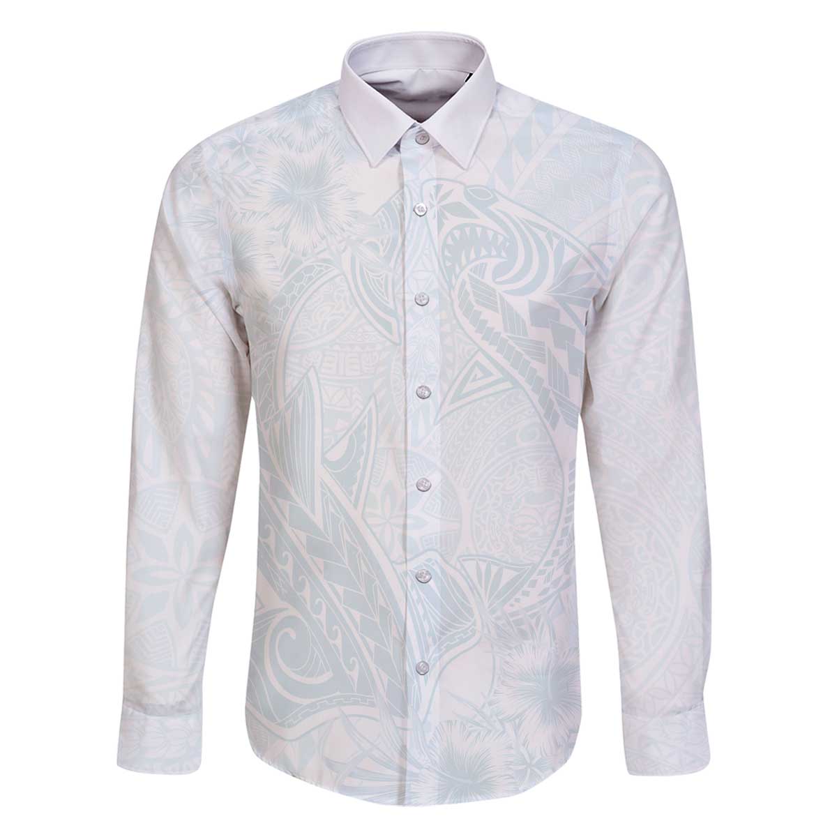 Polynesia Family Matching Off The Shoulder Long Sleeve Dress and Hawaiian Shirt Sharks Duo Tropical Off White LT7 Dad's Shirt - Long Sleeve White - Polynesian Pride