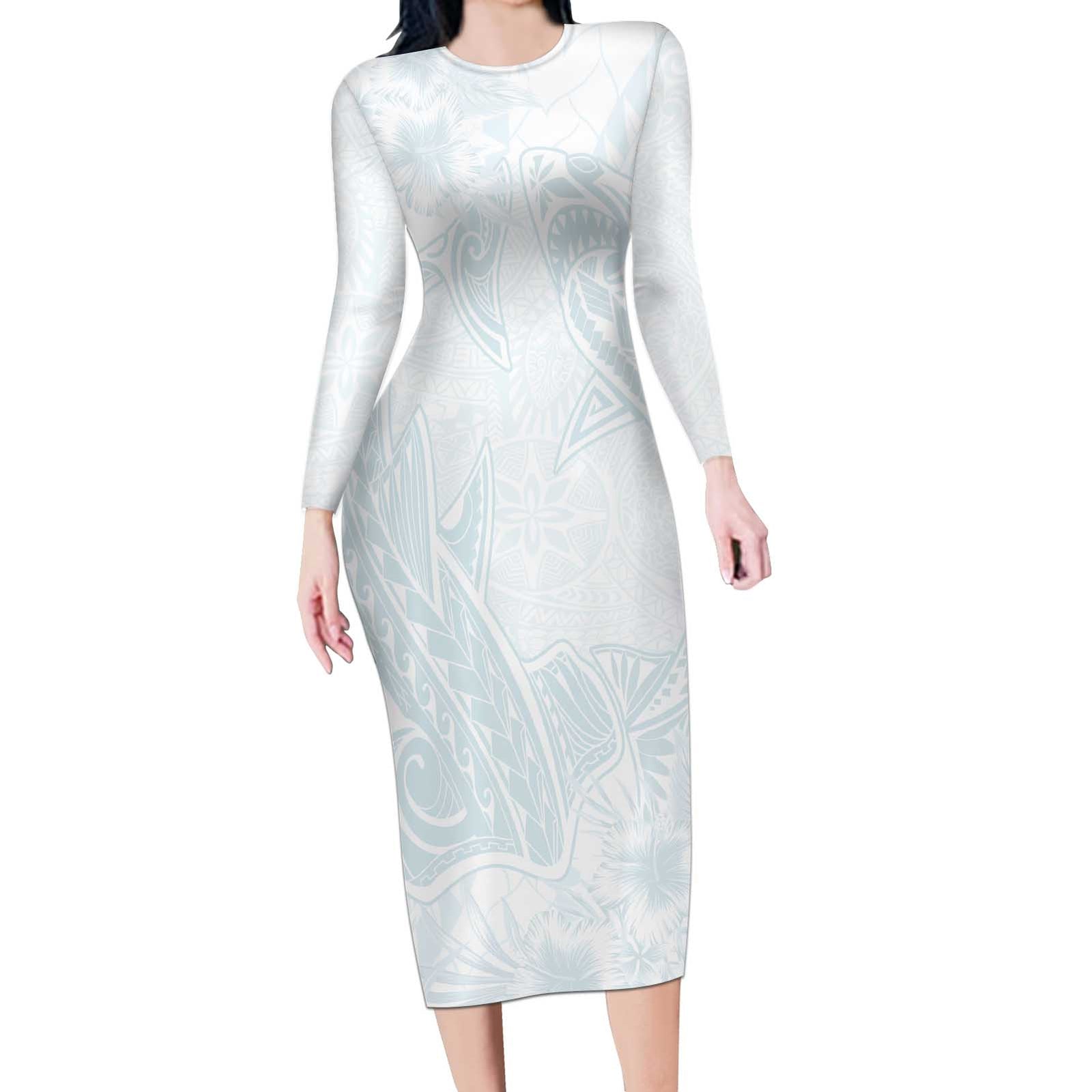 Polynesia Long Sleeve Bodycon Dress Sharks Duo Tropical Off White LT7 Long Dress White - Polynesian Pride