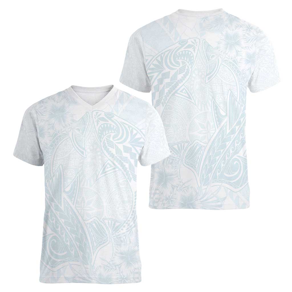 Polynesia Women V-Neck T-Shirt Sharks Duo Tropical Off White