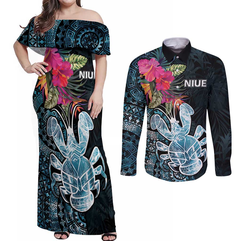 Niue Personalised Couples Matching Off Shoulder Maxi Dress and Long Sleeve Button Shirt Hiapo Mix Coconut Crab LT7 Art - Polynesian Pride