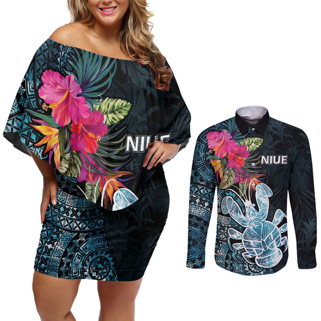 Niue Personalised Couples Matching Off Shoulder Short Dress and Long Sleeve Button Shirt Hiapo Mix Coconut Crab LT7 Art - Polynesian Pride