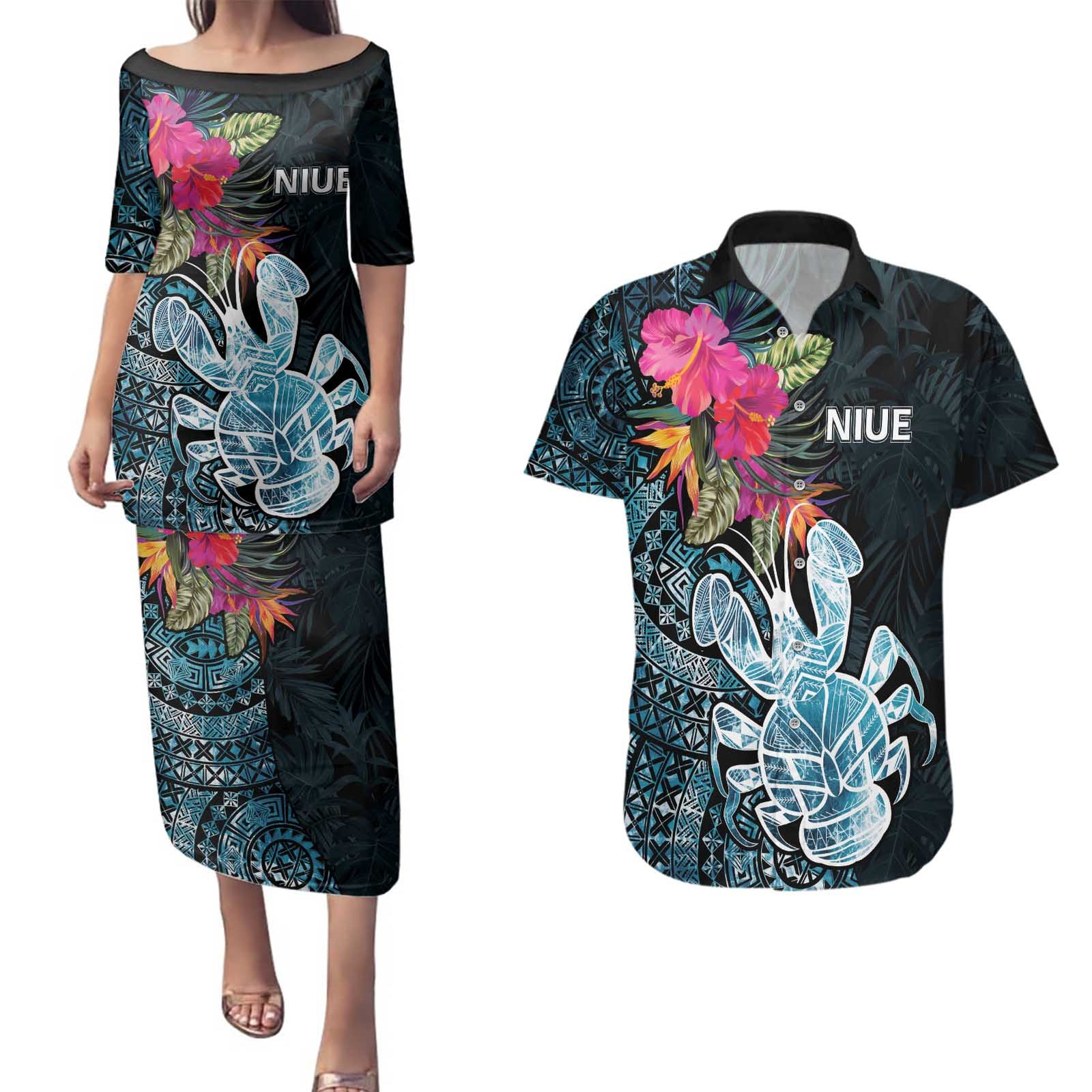 Niue Personalised Couples Matching Puletasi and Hawaiian Shirt Hiapo Mix Coconut Crab LT7 Art - Polynesian Pride