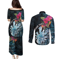 Niue Personalised Couples Matching Puletasi and Long Sleeve Button Shirt Hiapo Mix Coconut Crab